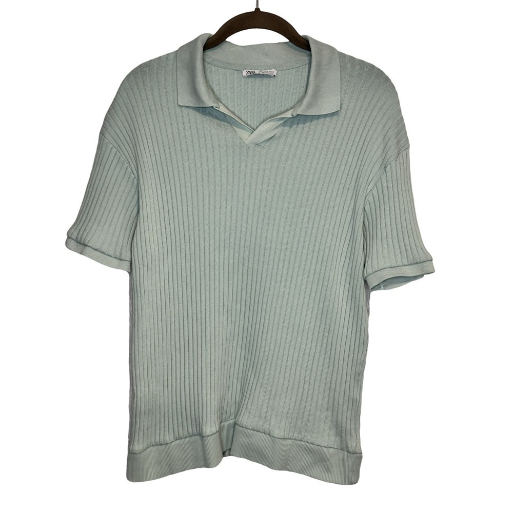 Zara Mint Blue Ribbed Collared V-Neck Shirt size Medium